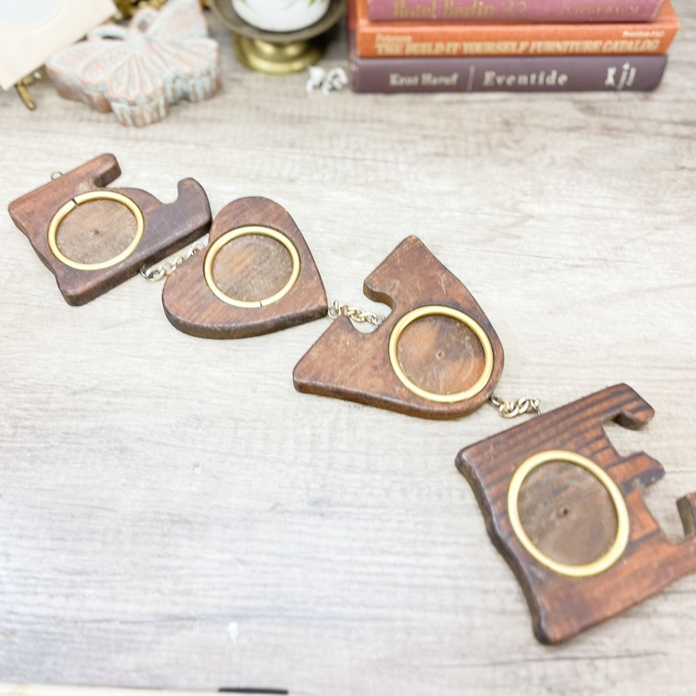 Vintage Wooden LOVE Hanging Photo Frame Set Brown Gold Rustic Wall Decor